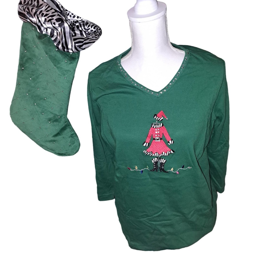 NWT- Ready for Gifting! Sz M Quaker Factory Mrs Claus Green & matching Stocking